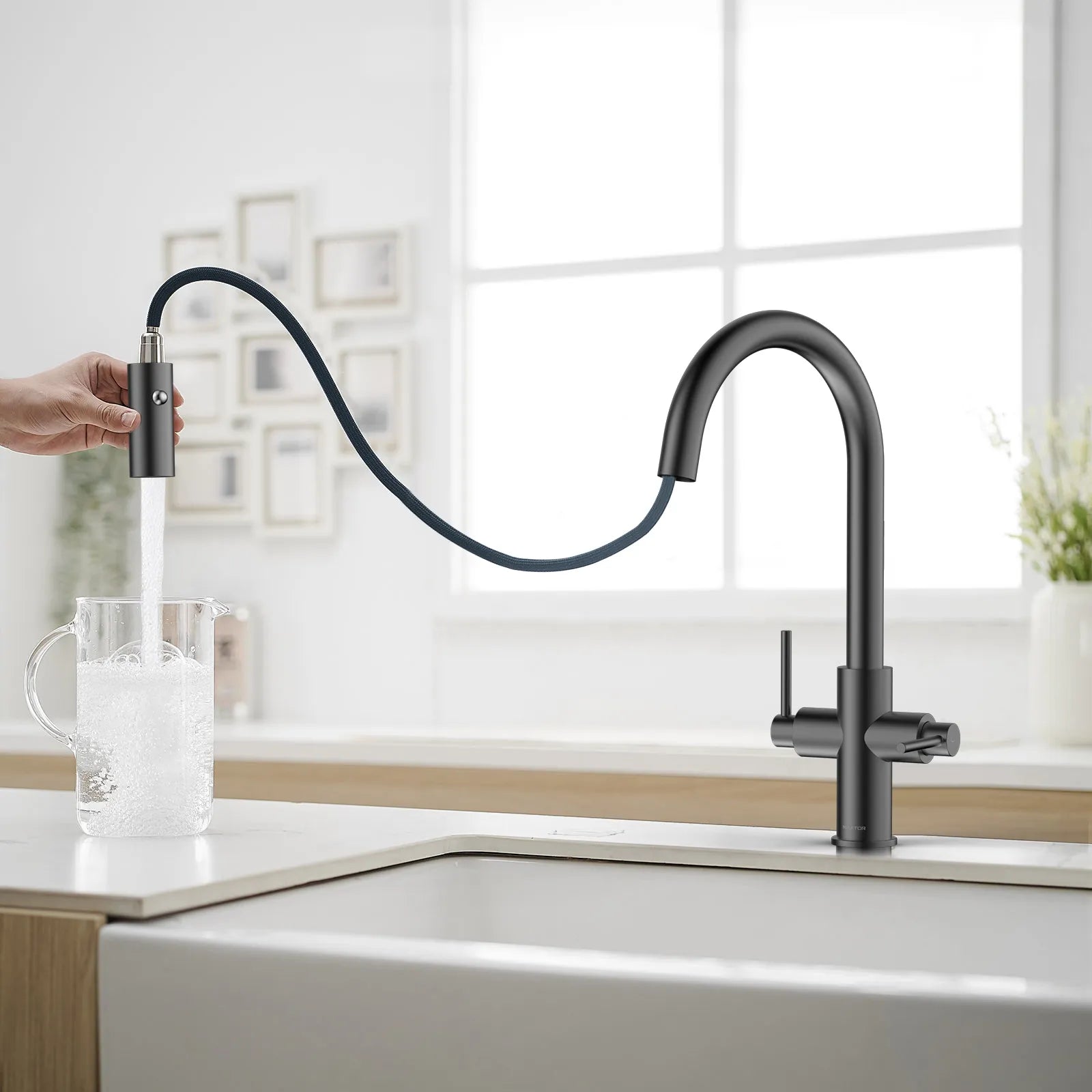 Solid Brass Dual-Handle Pull-Down Kitchen Faucet – Dual Function Spray – KFB2021