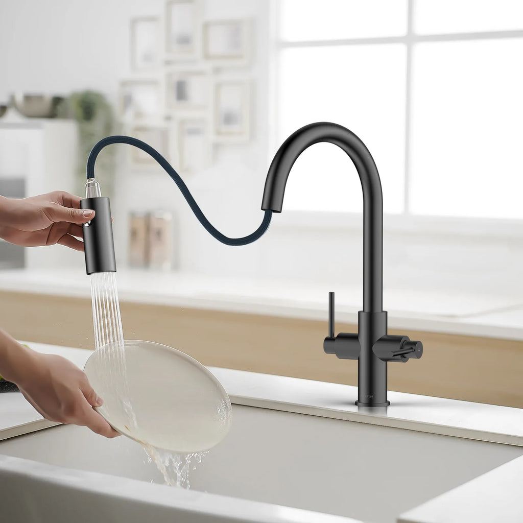Solid Brass Dual-Handle Pull-Down Kitchen Faucet – Dual Function Spray – KFB2021