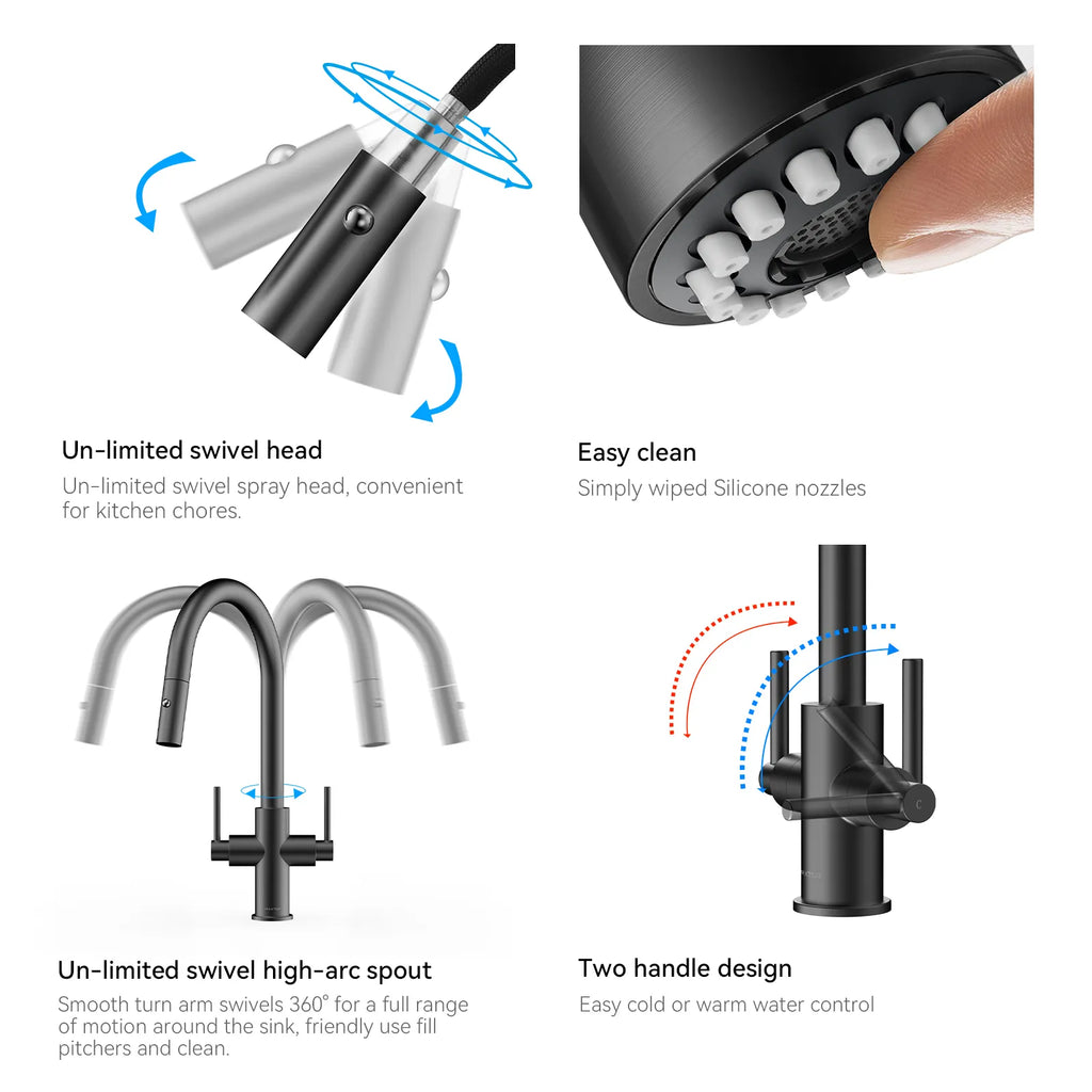 Solid Brass Dual-Handle Pull-Down Kitchen Faucet – Dual Function Spray – KFB2021
