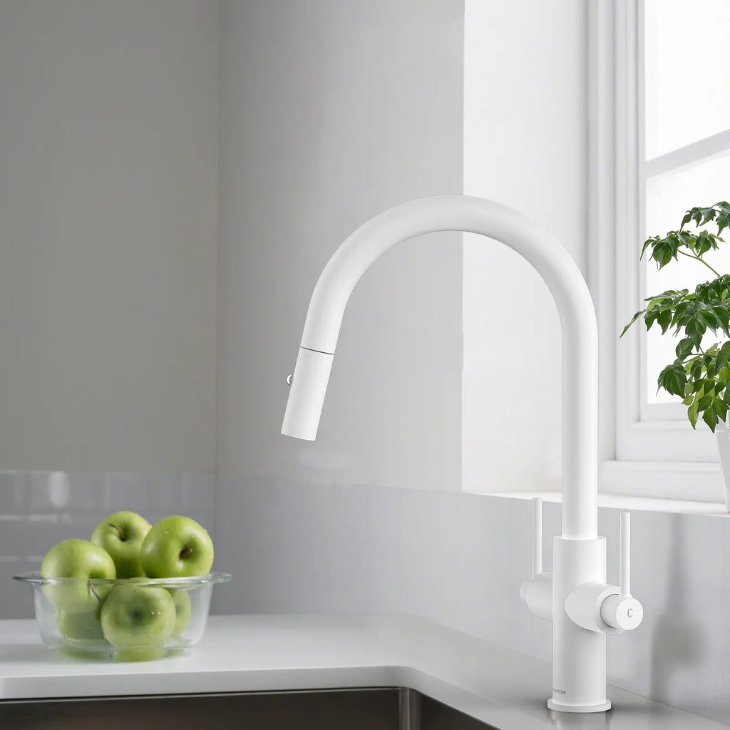 Solid Brass Dual-Handle Pull-Down Kitchen Faucet – Dual Function Spray – KFB2021