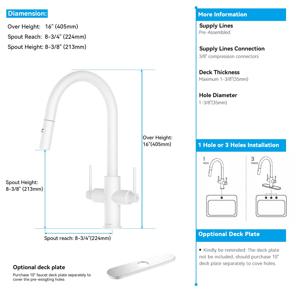 Solid Brass Dual-Handle Pull-Down Kitchen Faucet – Dual Function Spray – KFB2021