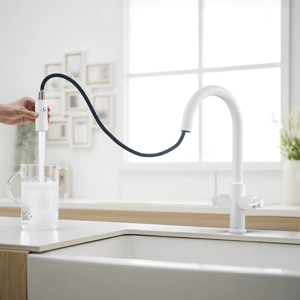 Solid Brass Dual-Handle Pull-Down Kitchen Faucet – Dual Function Spray – KFB2021