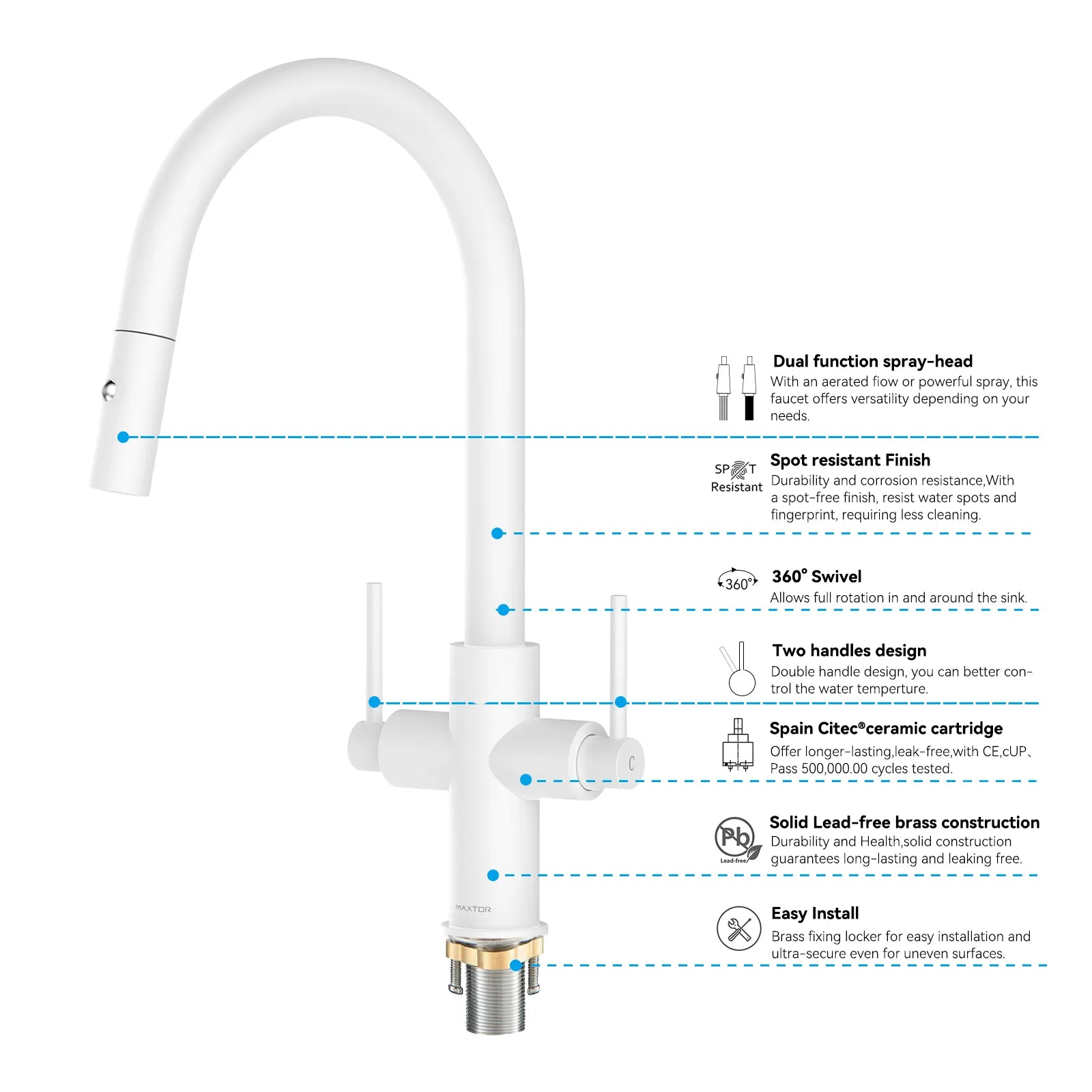 Solid Brass Dual-Handle Pull-Down Kitchen Faucet – Dual Function Spray – KFB2021