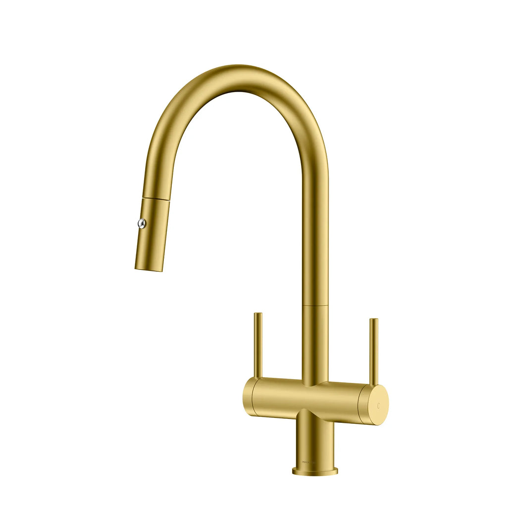 Solid Brass Dual-Handle Pull-Down Kitchen Faucet – Dual Function Spray – KFB2022 Brushed Gold