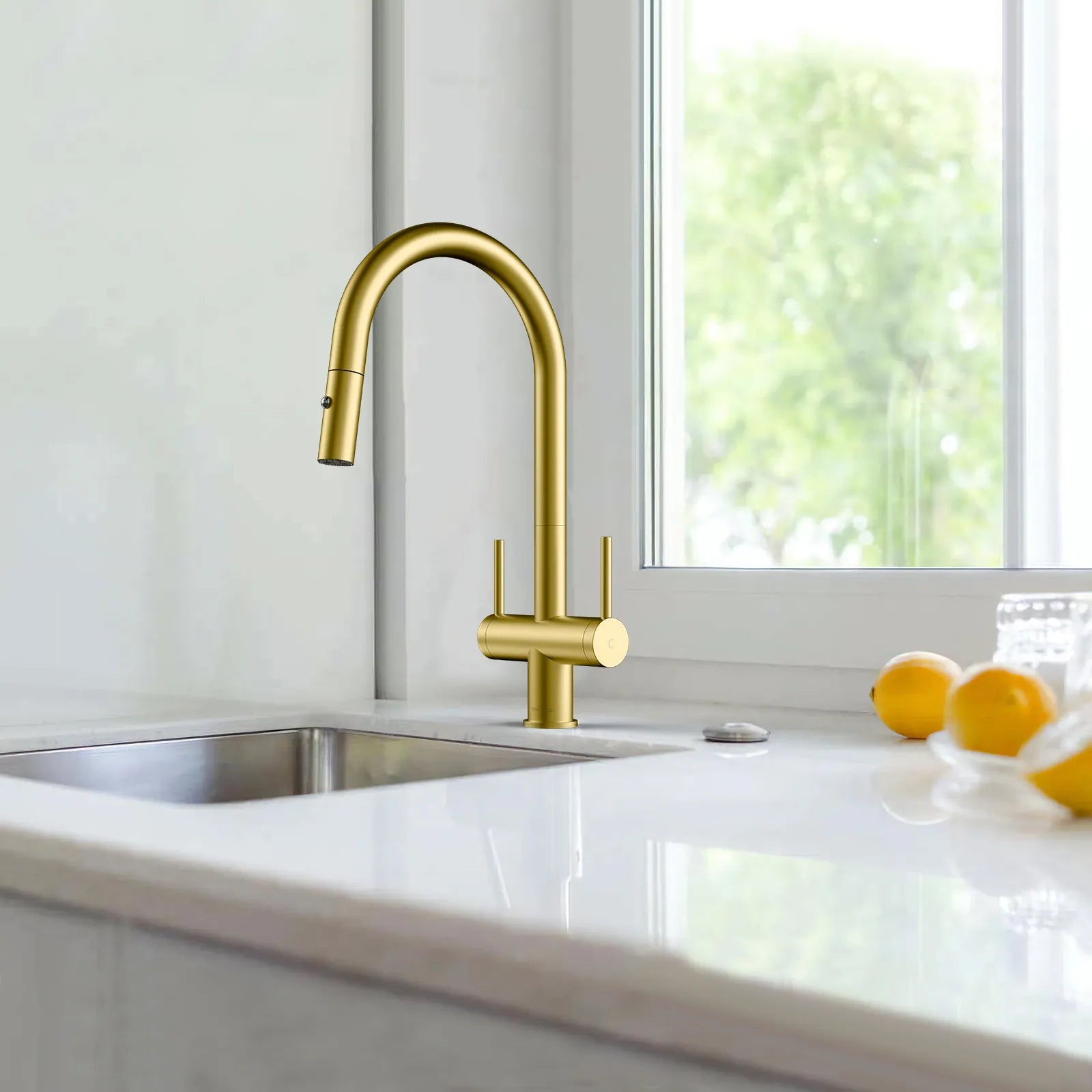 Solid Brass Dual-Handle Pull-Down Kitchen Faucet – Dual Function Spray – KFB2022