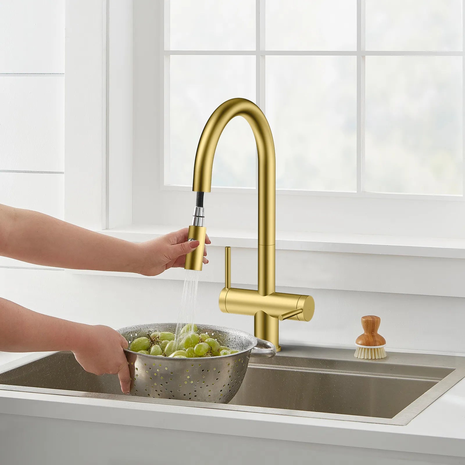 Solid Brass Dual-Handle Pull-Down Kitchen Faucet – Dual Function Spray – KFB2022