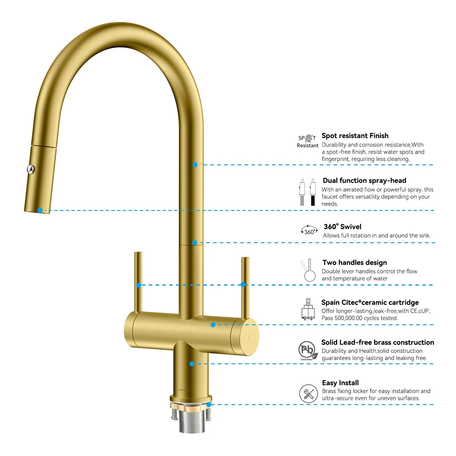 Solid Brass Dual-Handle Pull-Down Kitchen Faucet – Dual Function Spray – KFB2022