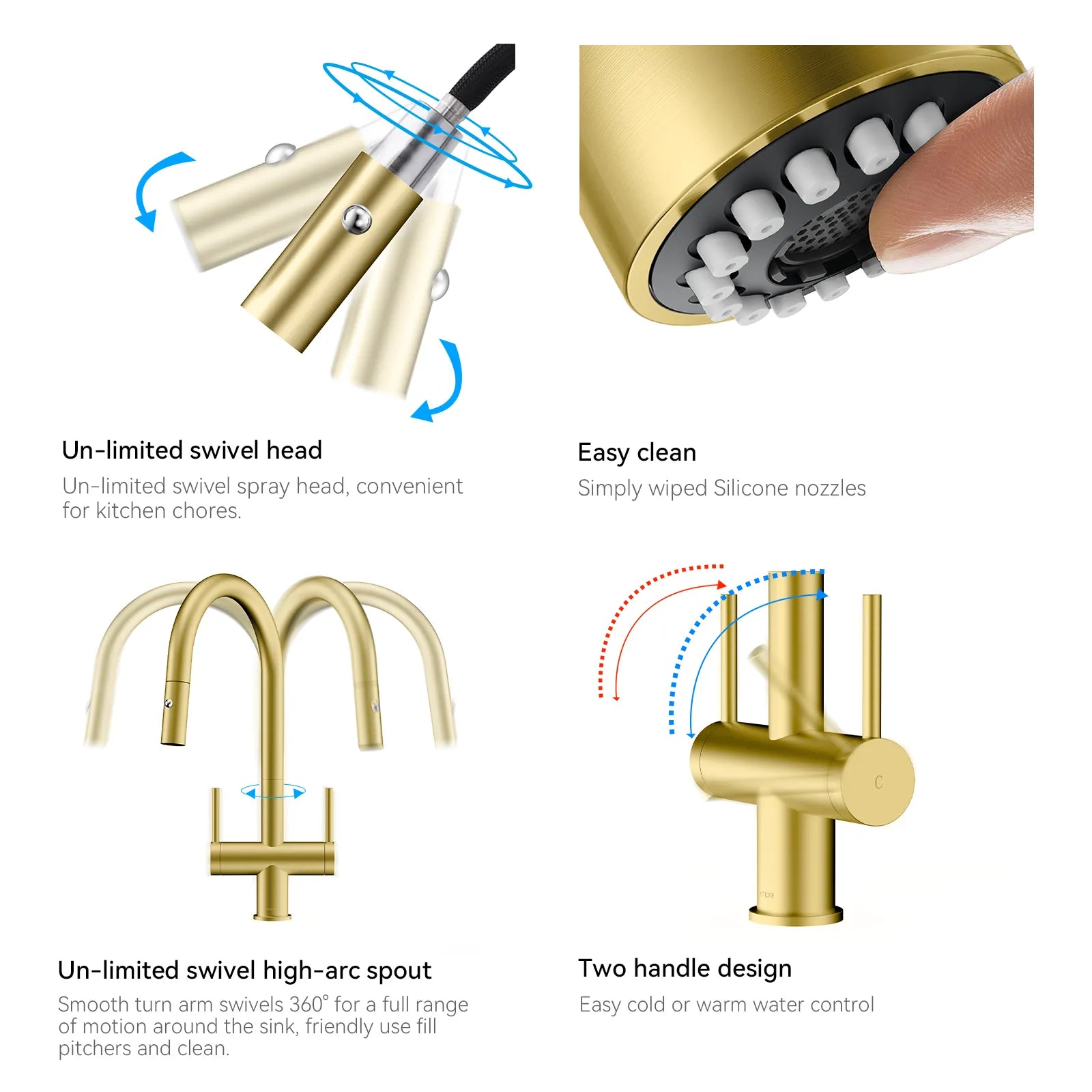 Solid Brass Dual-Handle Pull-Down Kitchen Faucet – Dual Function Spray – KFB2022