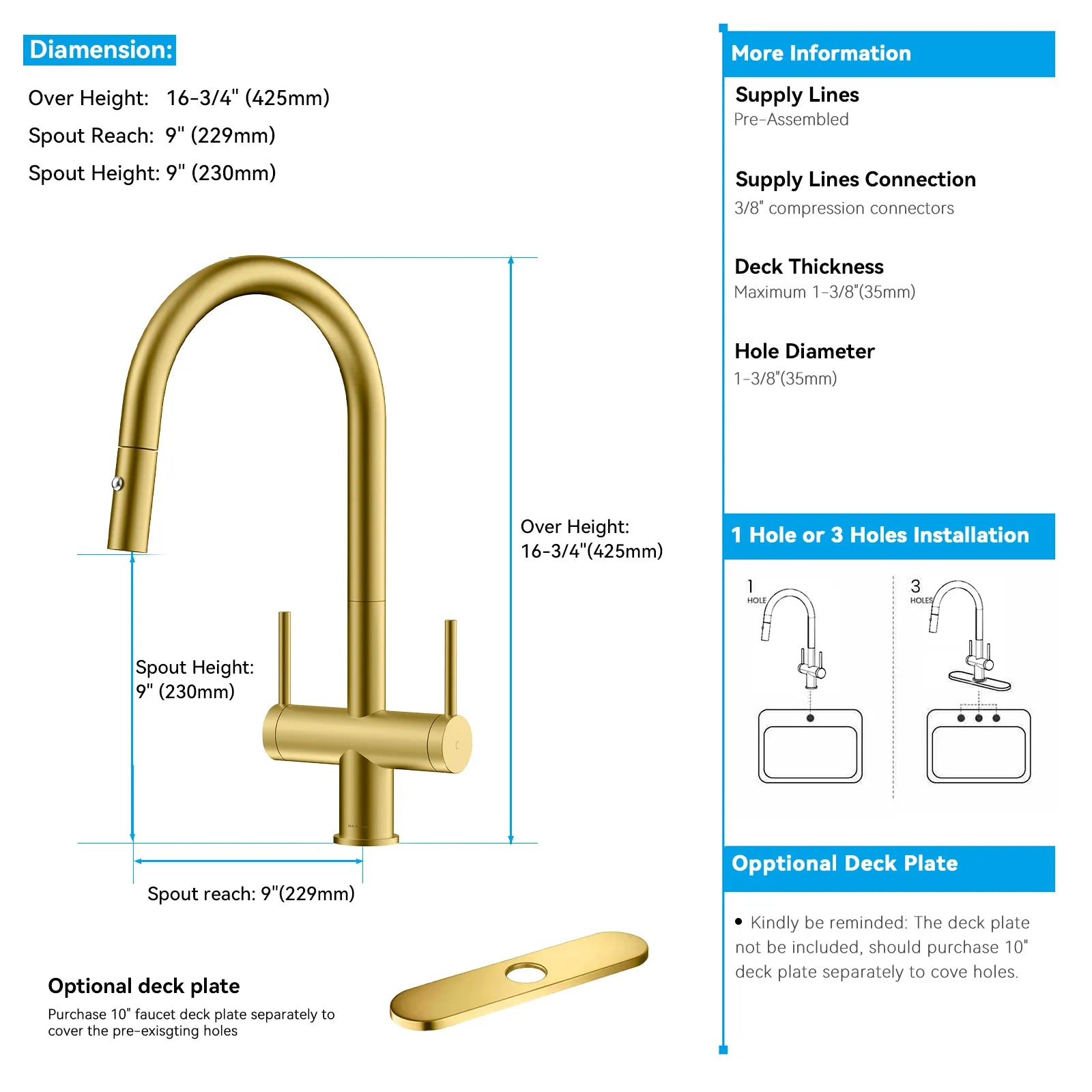 Solid Brass Dual-Handle Pull-Down Kitchen Faucet – Dual Function Spray – KFB2022
