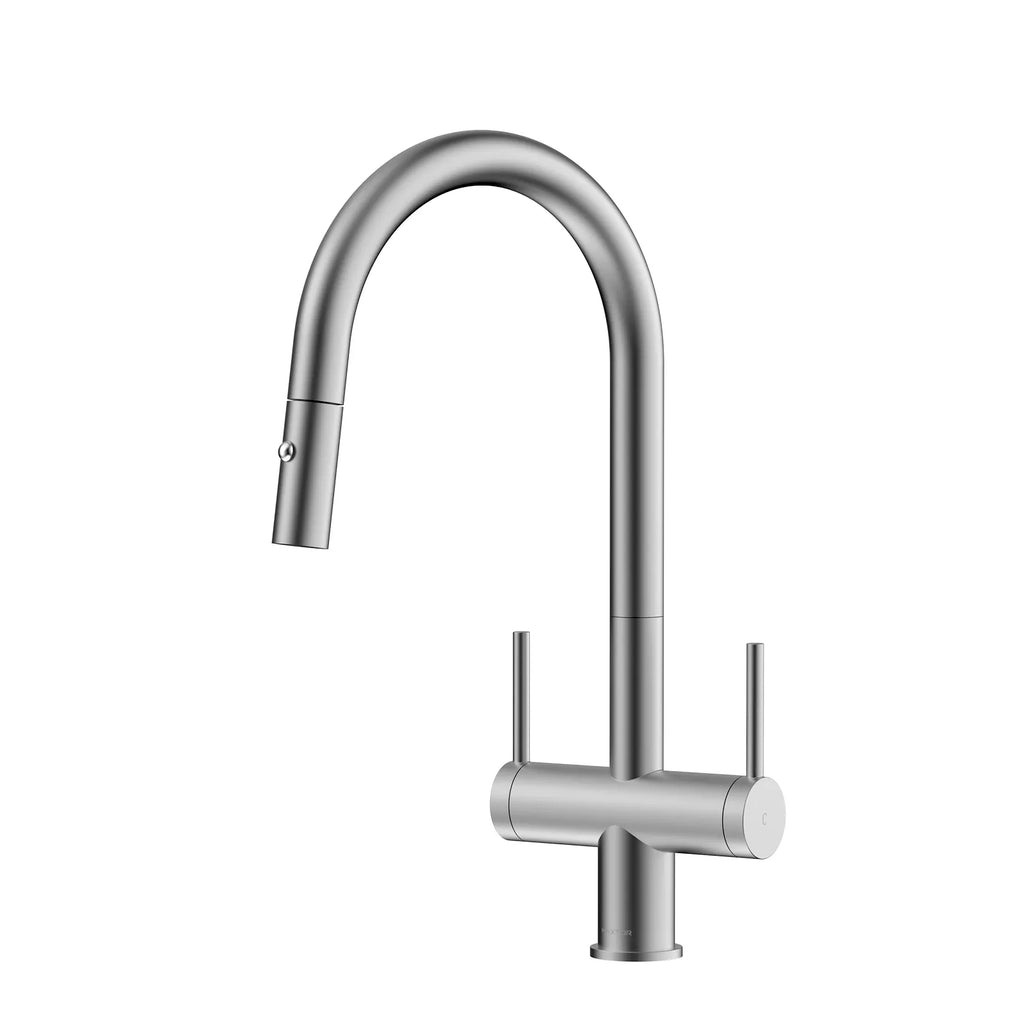Solid Brass Dual-Handle Pull-Down Kitchen Faucet – Dual Function Spray – KFB2022 Brushed Nickel