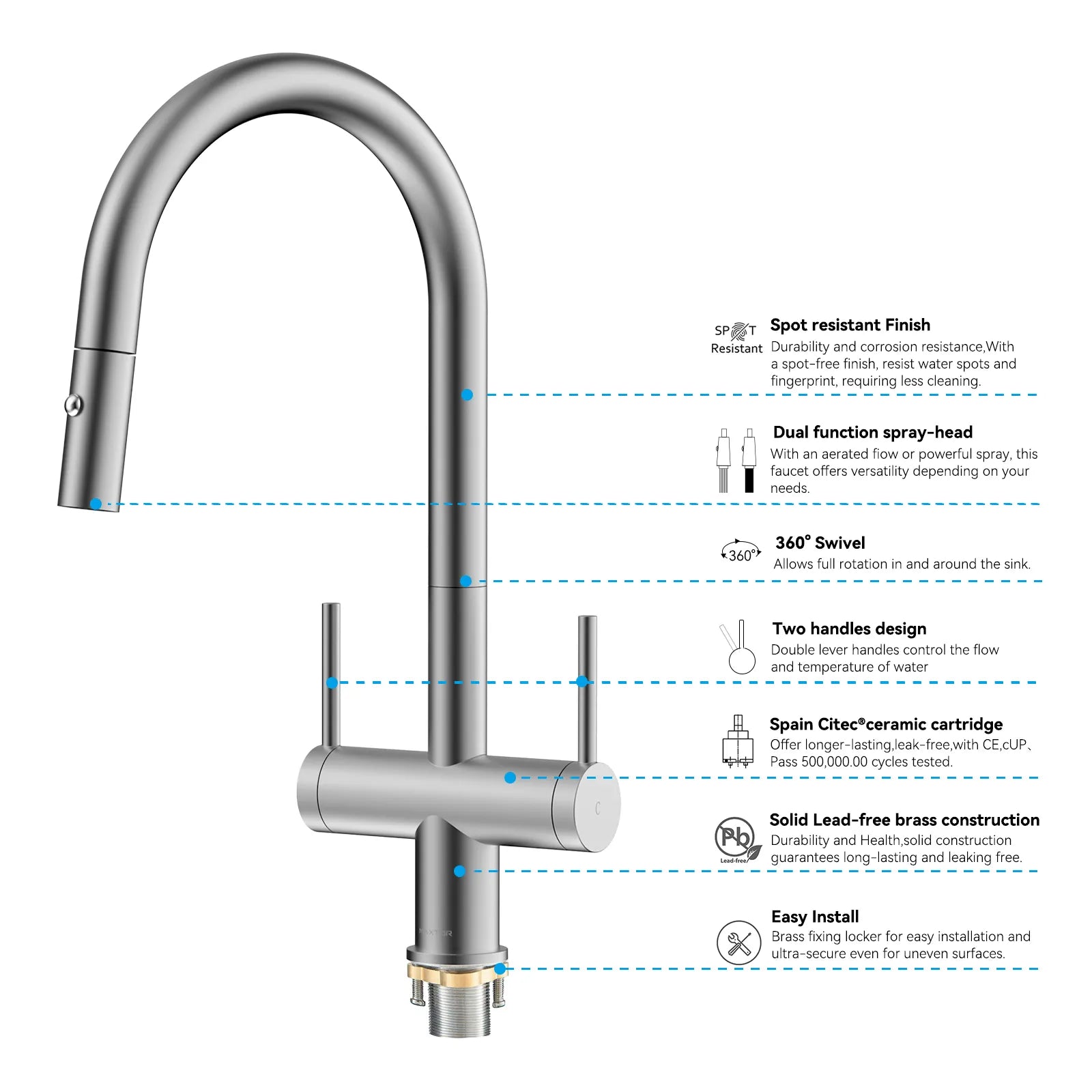 Solid Brass Dual-Handle Pull-Down Kitchen Faucet – Dual Function Spray – KFB2022