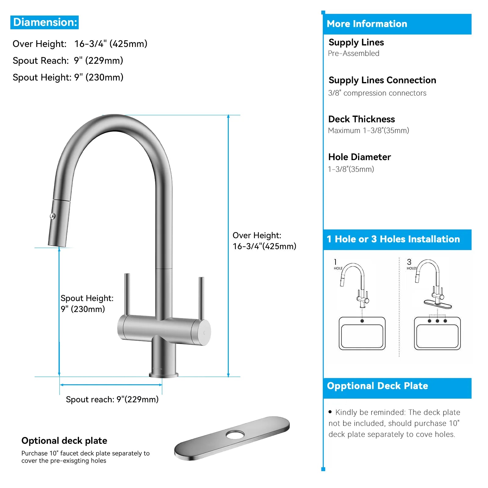 Solid Brass Dual-Handle Pull-Down Kitchen Faucet – Dual Function Spray – KFB2022