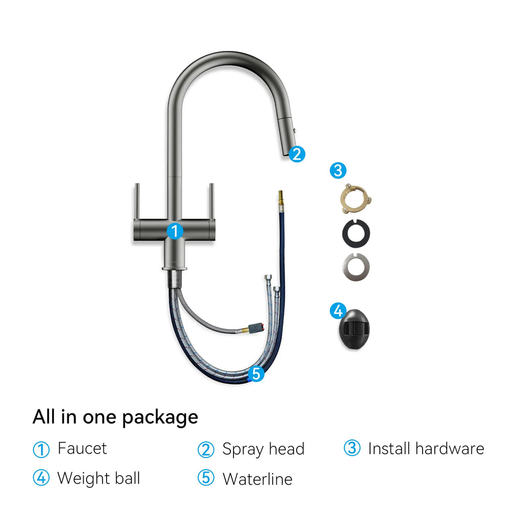 Solid Brass Dual-Handle Pull-Down Kitchen Faucet – Dual Function Spray – KFB2022