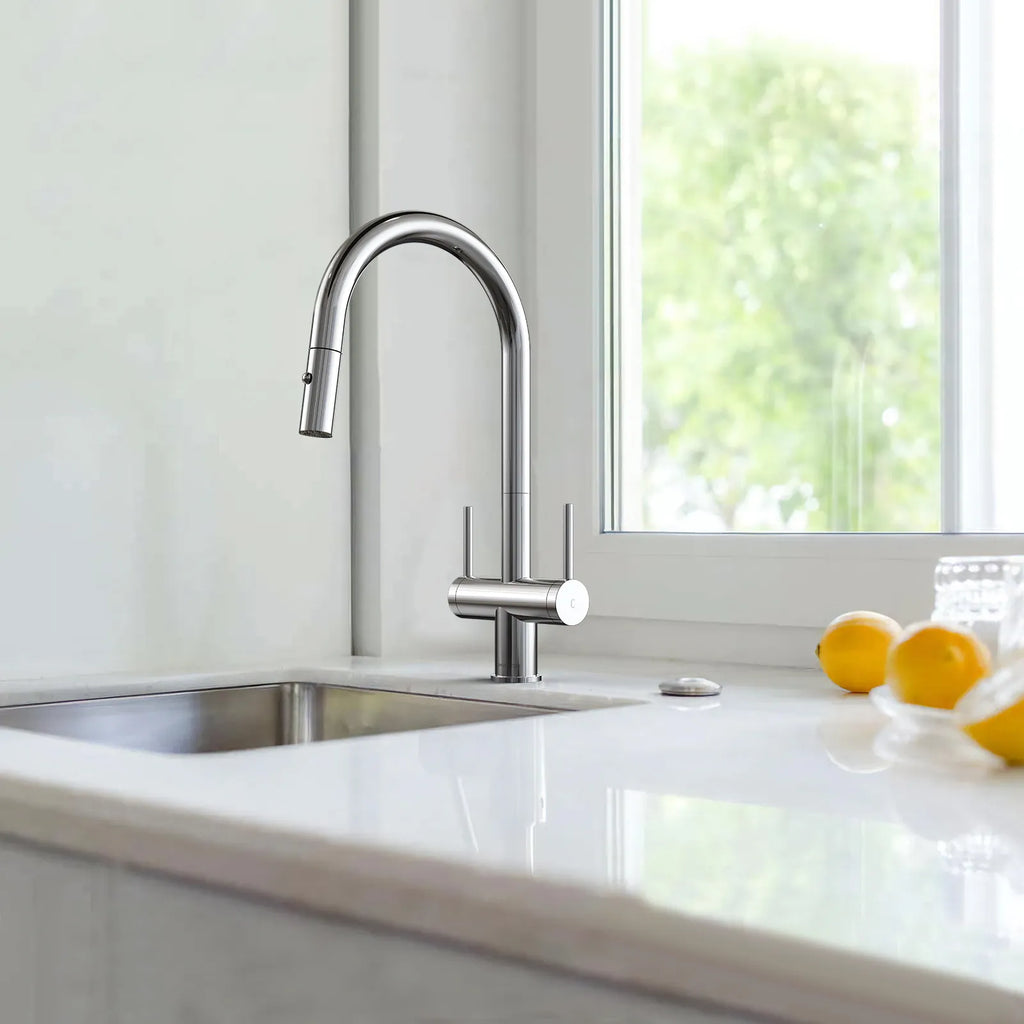 Solid Brass Dual-Handle Pull-Down Kitchen Faucet – Dual Function Spray – KFB2022