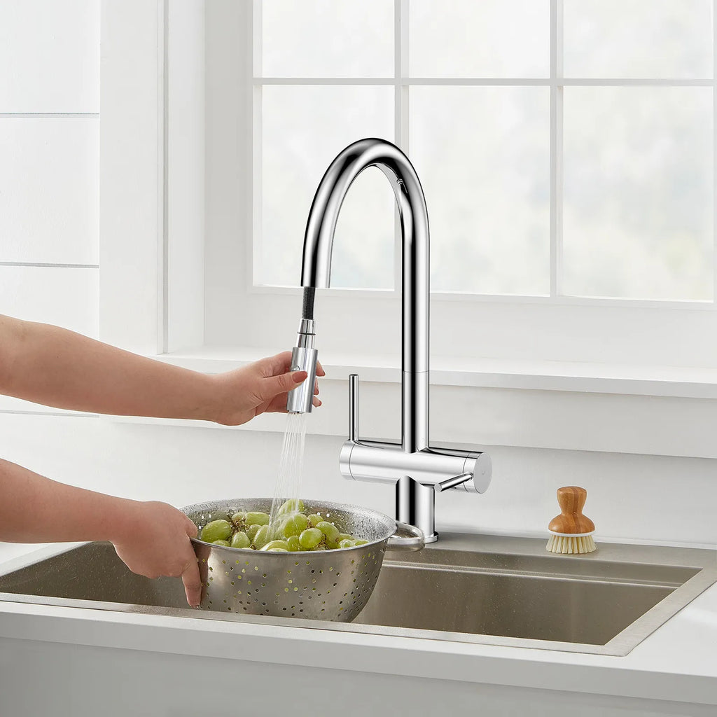 Solid Brass Dual-Handle Pull-Down Kitchen Faucet – Dual Function Spray – KFB2022