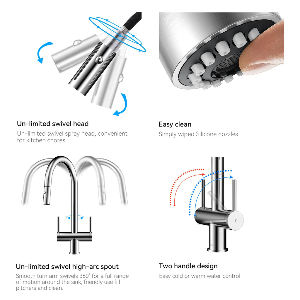 Solid Brass Dual-Handle Pull-Down Kitchen Faucet – Dual Function Spray – KFB2022
