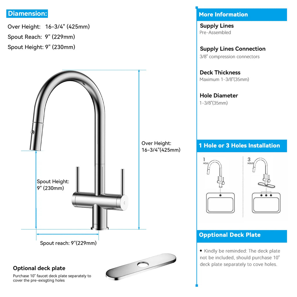 Solid Brass Dual-Handle Pull-Down Kitchen Faucet – Dual Function Spray – KFB2022