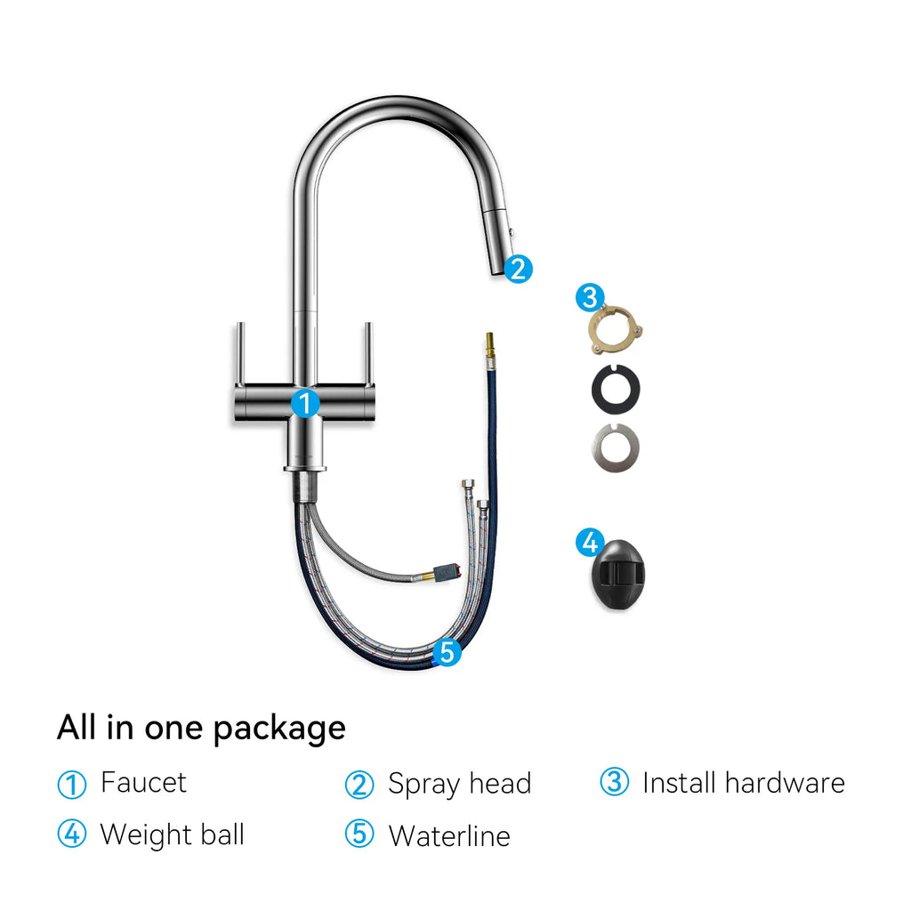 Solid Brass Dual-Handle Pull-Down Kitchen Faucet – Dual Function Spray – KFB2022