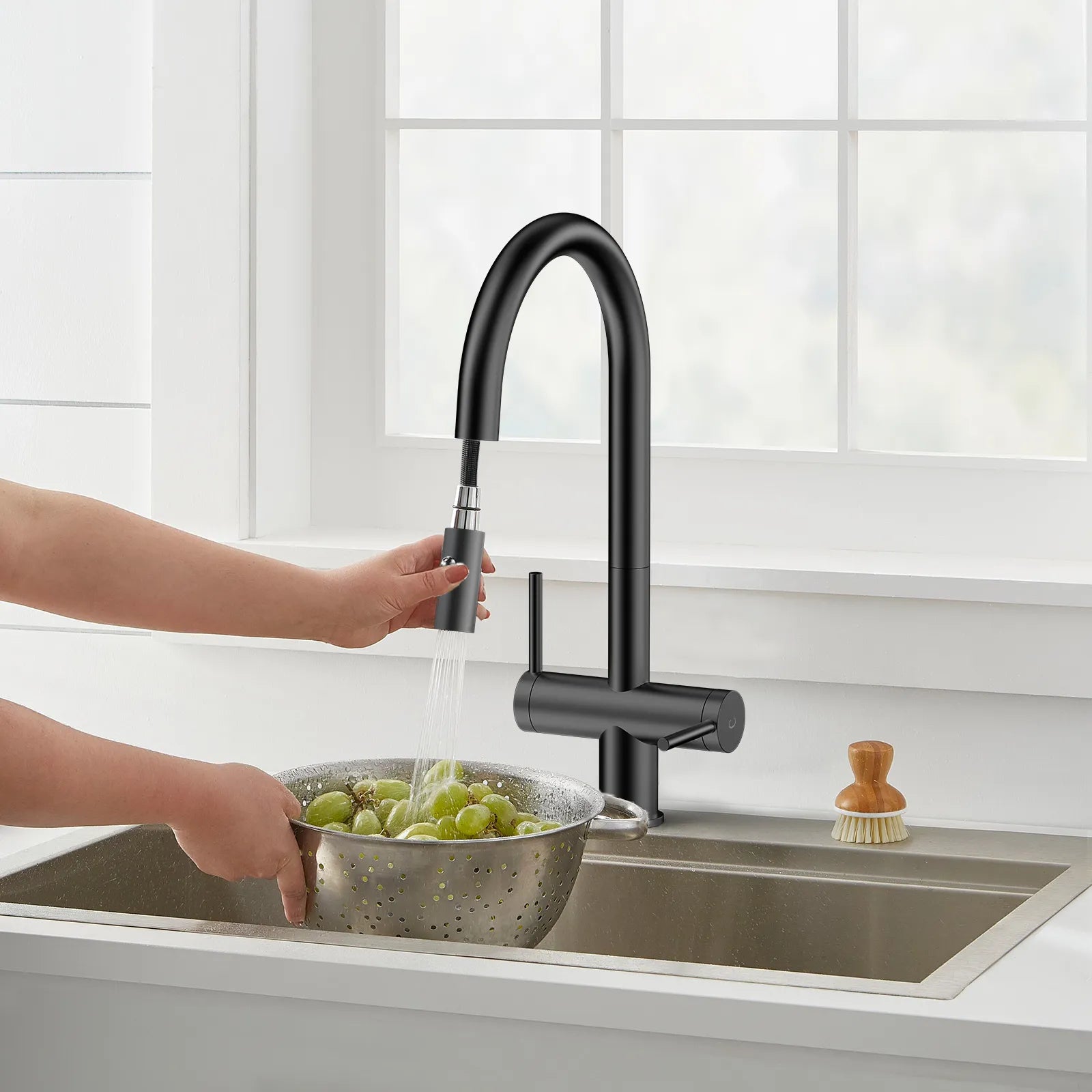 Solid Brass Dual-Handle Pull-Down Kitchen Faucet – Dual Function Spray – KFB2022