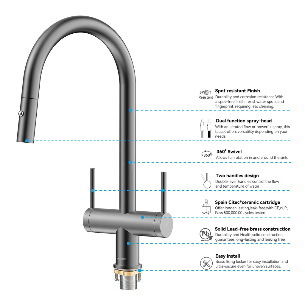 Solid Brass Dual-Handle Pull-Down Kitchen Faucet – Dual Function Spray – KFB2022