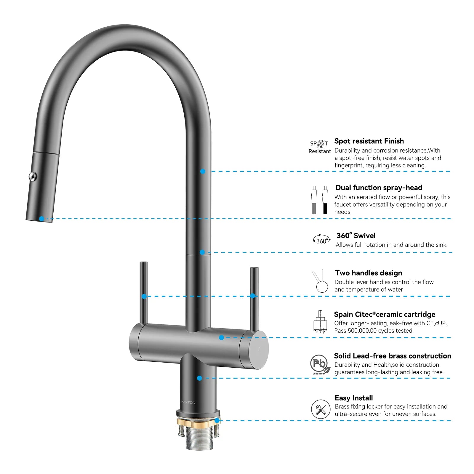 Solid Brass Dual-Handle Pull-Down Kitchen Faucet – Dual Function Spray – KFB2022