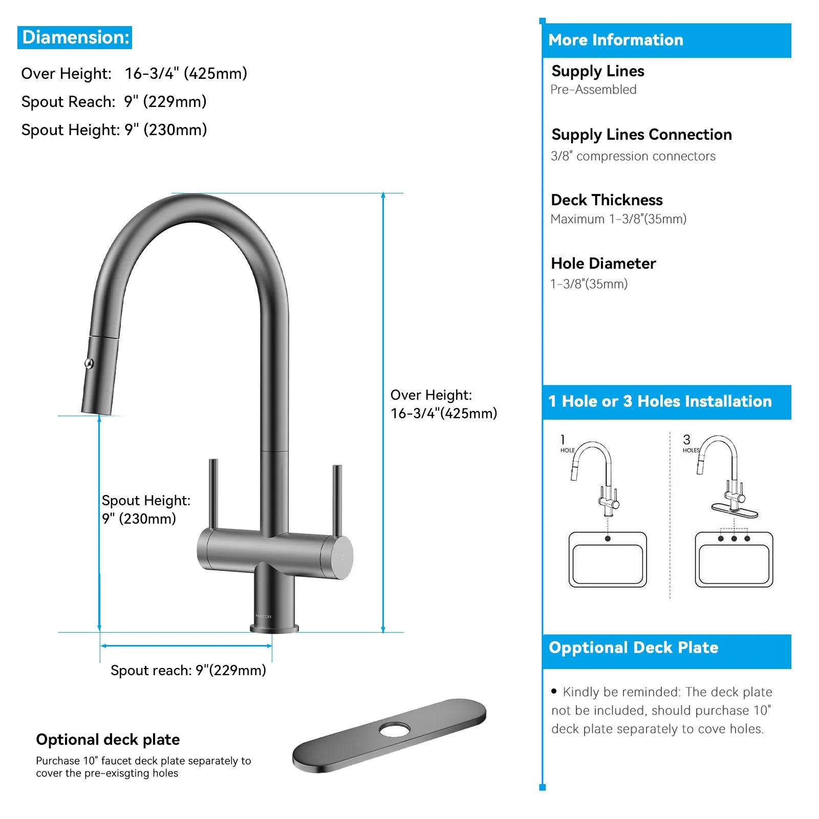 Solid Brass Dual-Handle Pull-Down Kitchen Faucet – Dual Function Spray – KFB2022