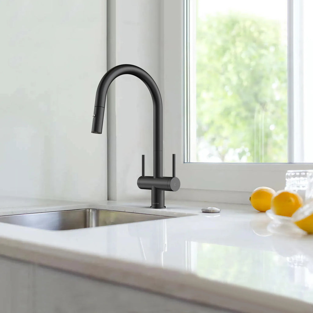 Solid Brass Dual-Handle Pull-Down Kitchen Faucet – Dual Function Spray – KFB2022