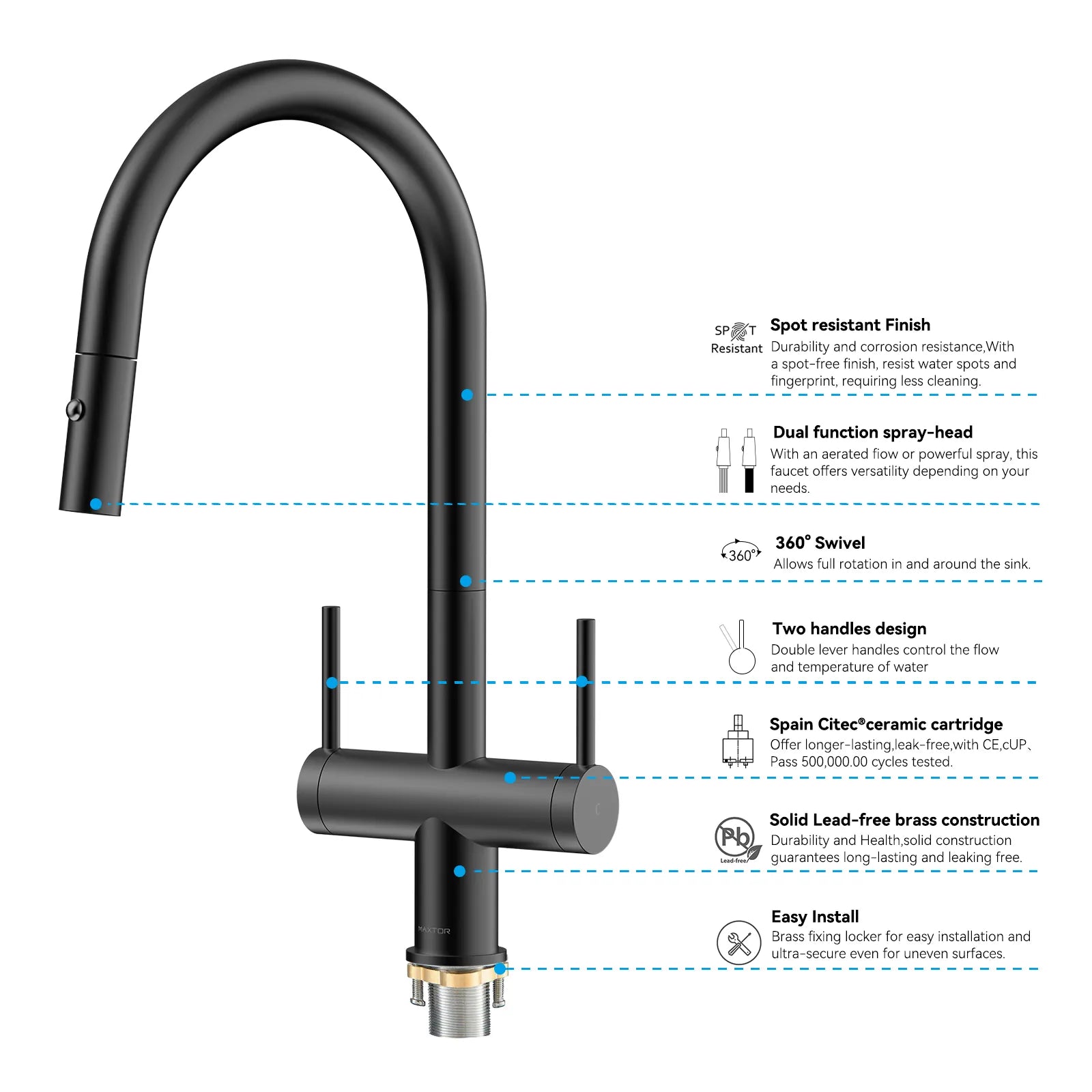 Solid Brass Dual-Handle Pull-Down Kitchen Faucet – Dual Function Spray – KFB2022