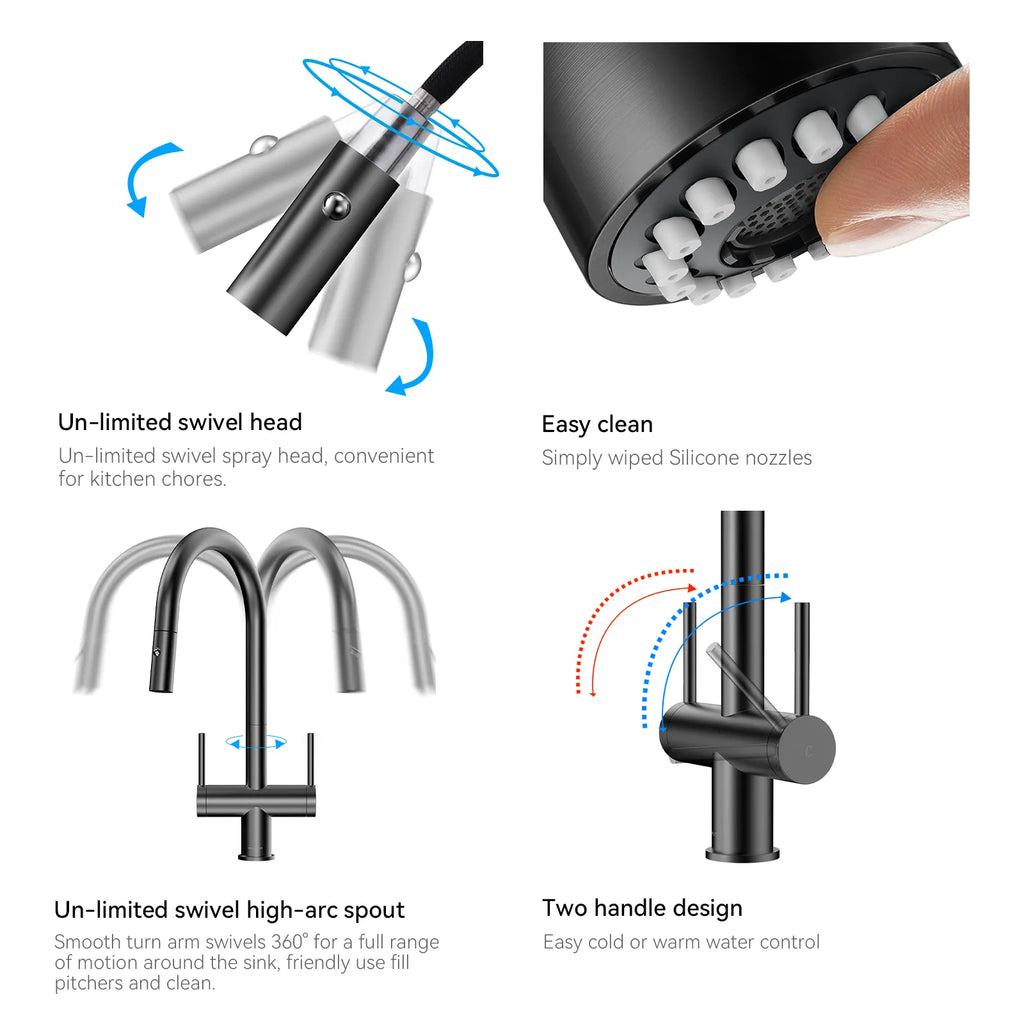Solid Brass Dual-Handle Pull-Down Kitchen Faucet – Dual Function Spray – KFB2022