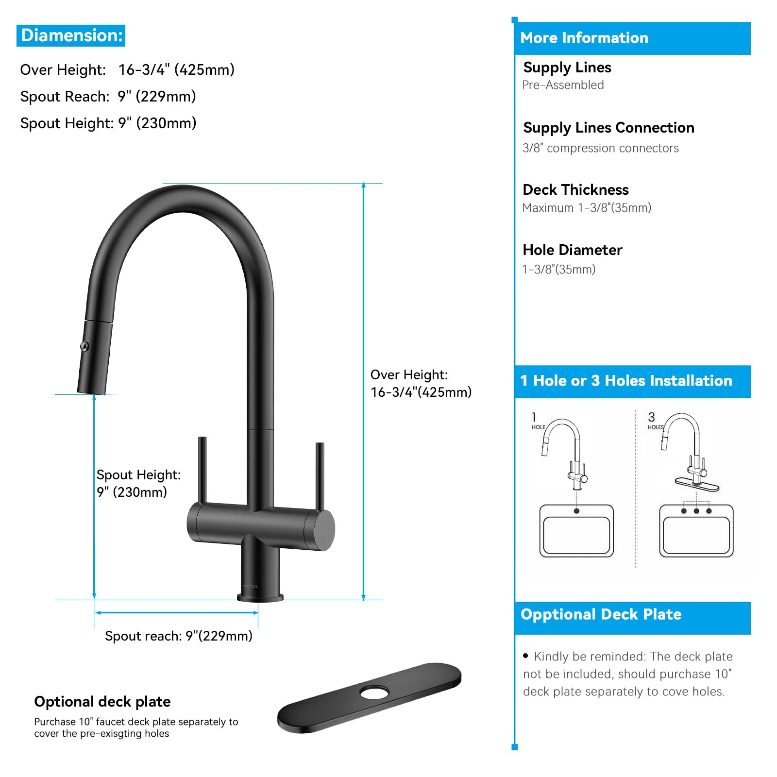 Solid Brass Dual-Handle Pull-Down Kitchen Faucet – Dual Function Spray – KFB2022