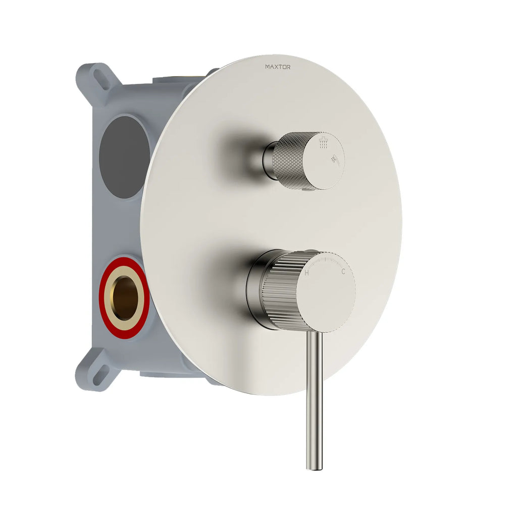 2 Way Wall Concealed Shower Mixer Valve – Rough In Valve with Box & Round Trim Plate – MT612131 Brushed Nickel