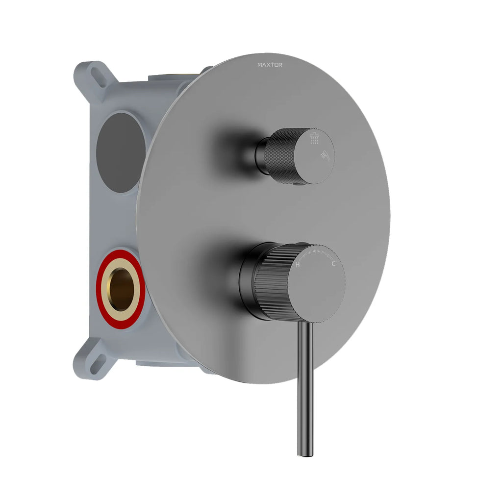 2 Way Wall Concealed Shower Mixer Valve – Rough In Valve with Box & Round Trim Plate – MT612131 Brushed Gun Metal