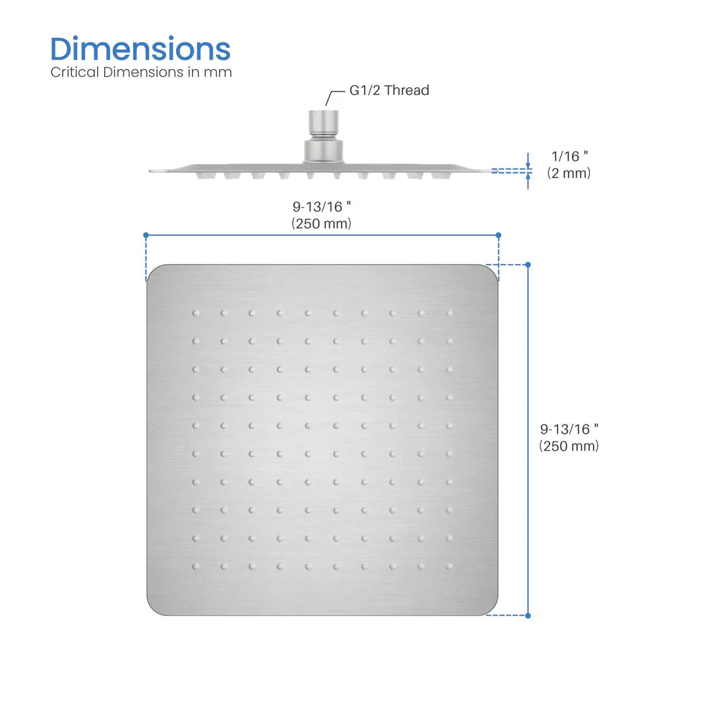 250x250x2mm SUS 304 Overhead Rain Shower – 2mm Super Thin Profile – SHA1001