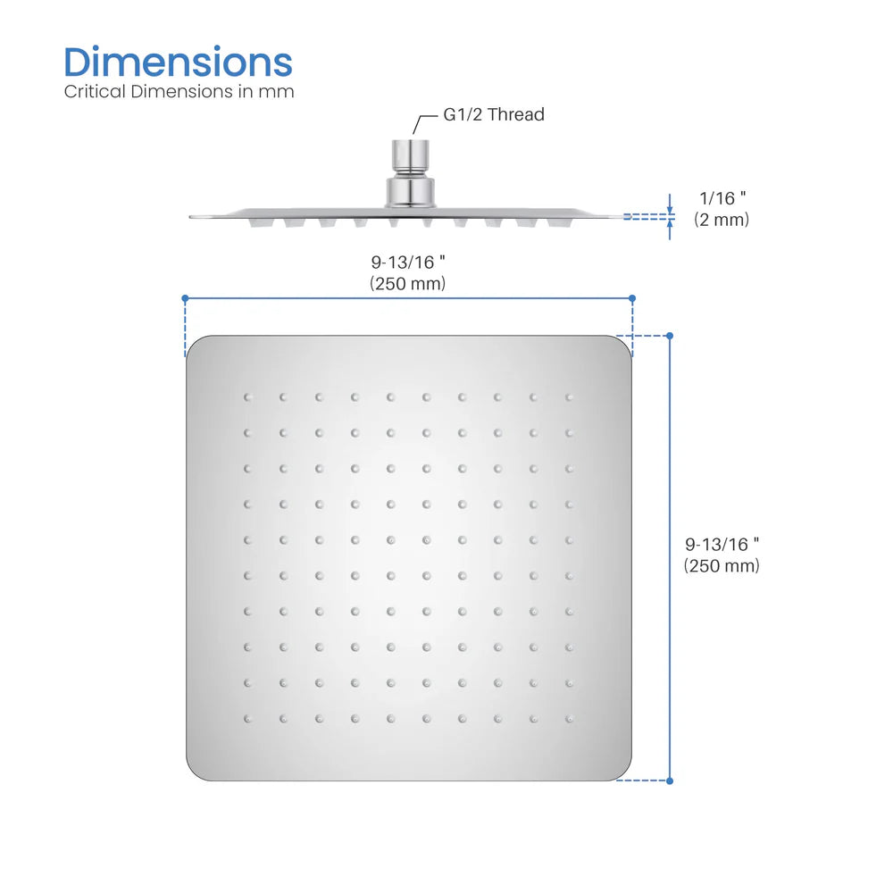 250x250x2mm SUS 304 Overhead Rain Shower – 2mm Super Thin Profile – SHA1001