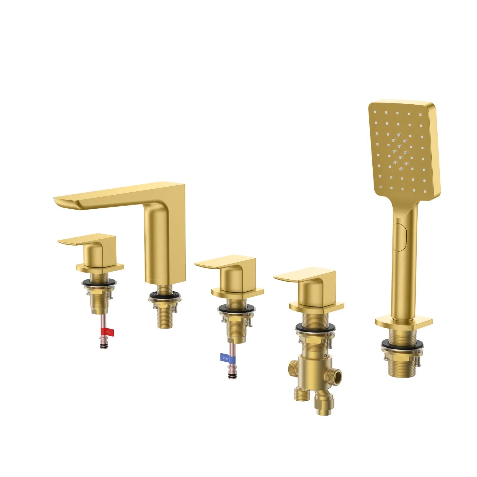 Square Deck Mounted Bathtub Faucet with Hand Shower – 5 Hole Tub Filler Set – TF020007 Brushed Gold