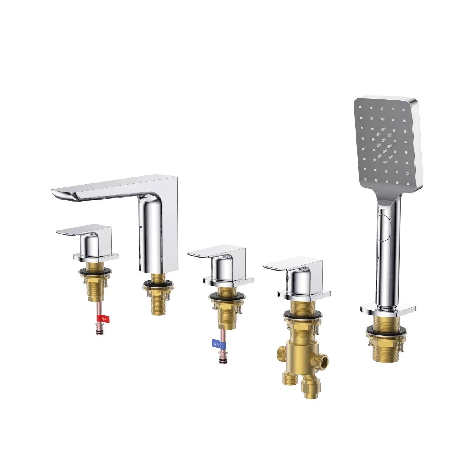 Square Deck Mounted Bathtub Faucet with Hand Shower – 5 Hole Tub Filler Set – TF020007 Chrome