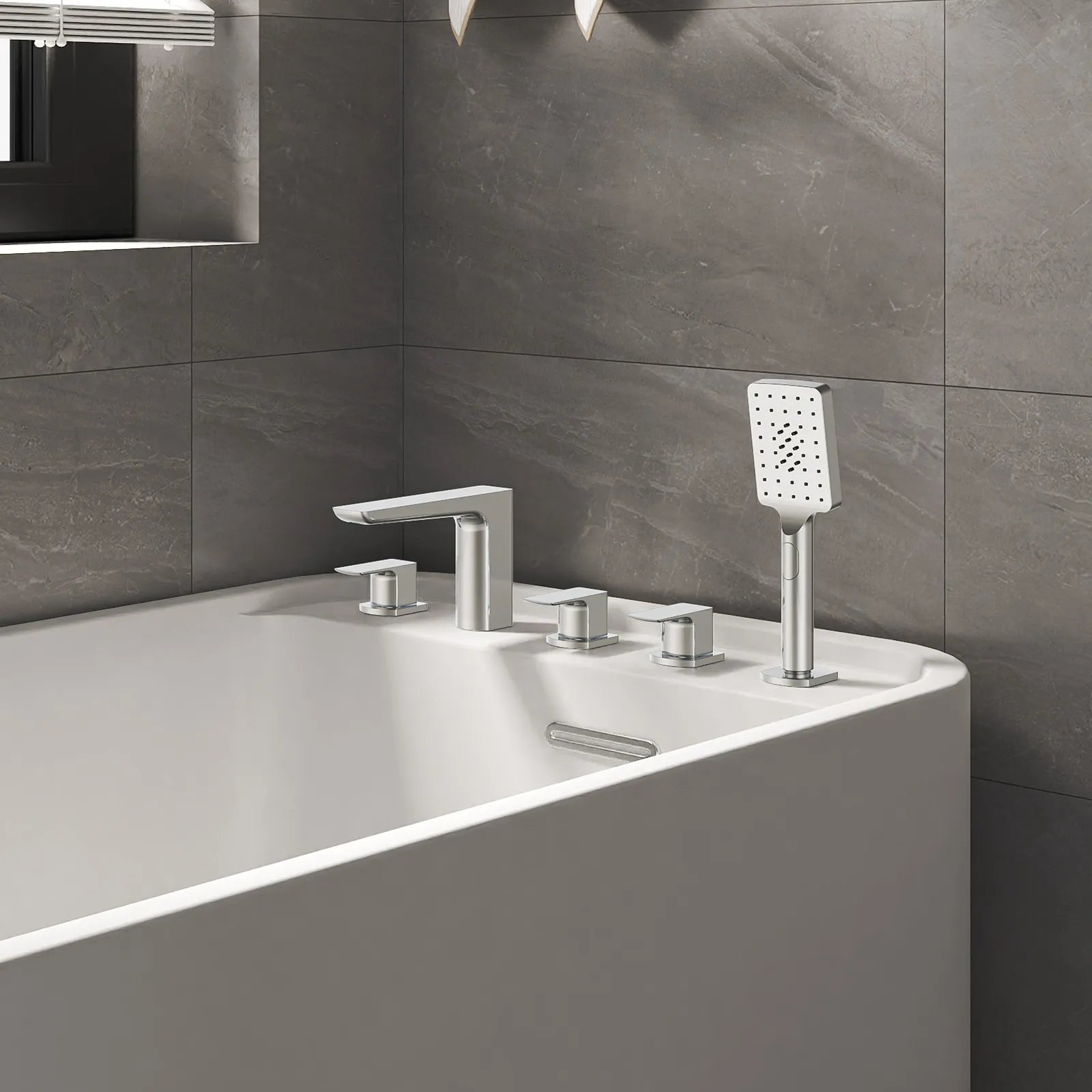 Square Deck Mounted Bathtub Faucet with Hand Shower – 5 Hole Tub Filler Set – TF020007