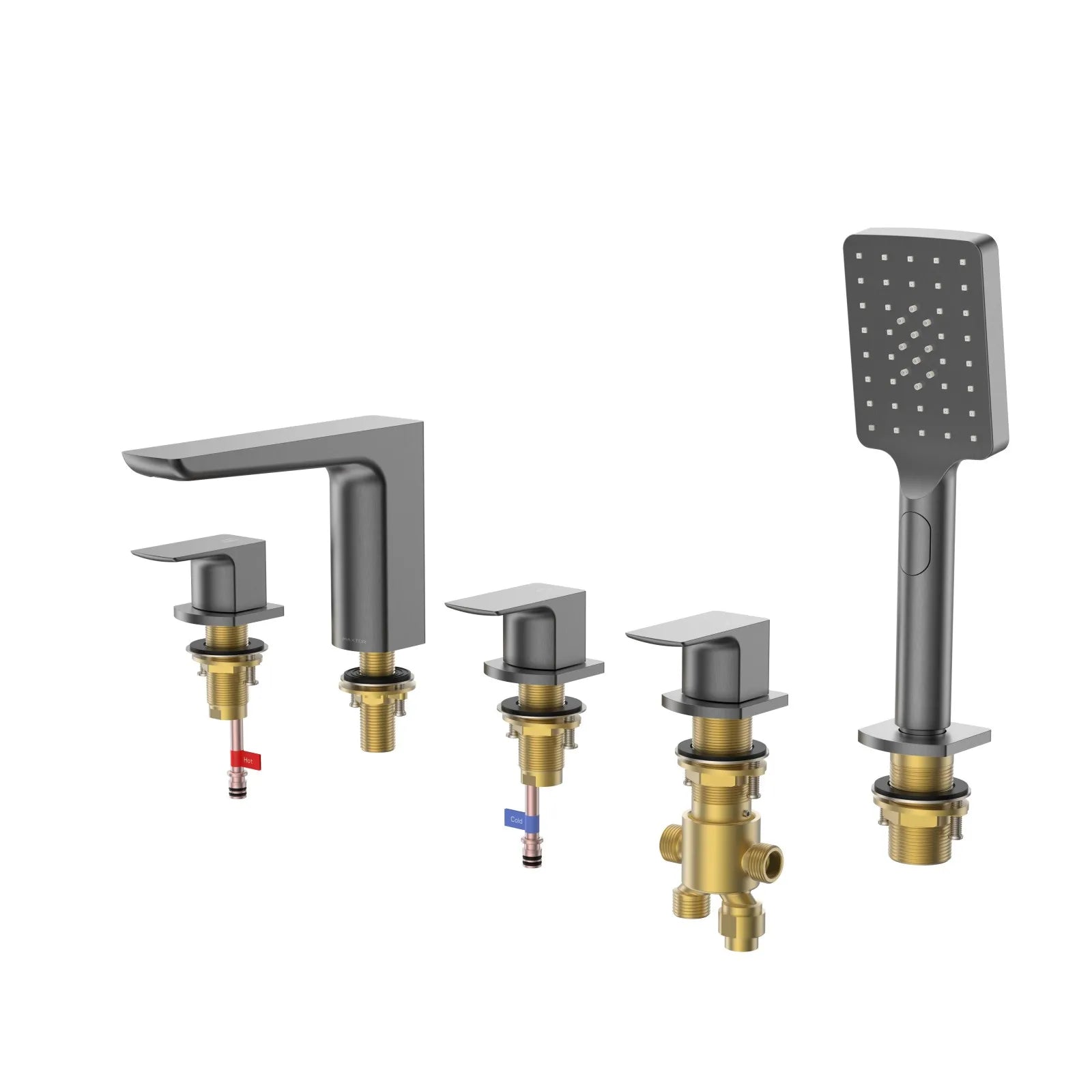 Square Deck Mounted Bathtub Faucet with Hand Shower – 5 Hole Tub Filler Set – TF020007 Brushed Gun Metal