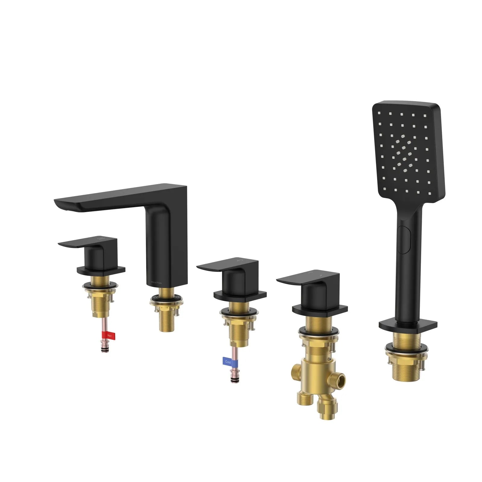 Square Deck Mounted Bathtub Faucet with Hand Shower – 5 Hole Tub Filler Set – TF020007 Matte Black