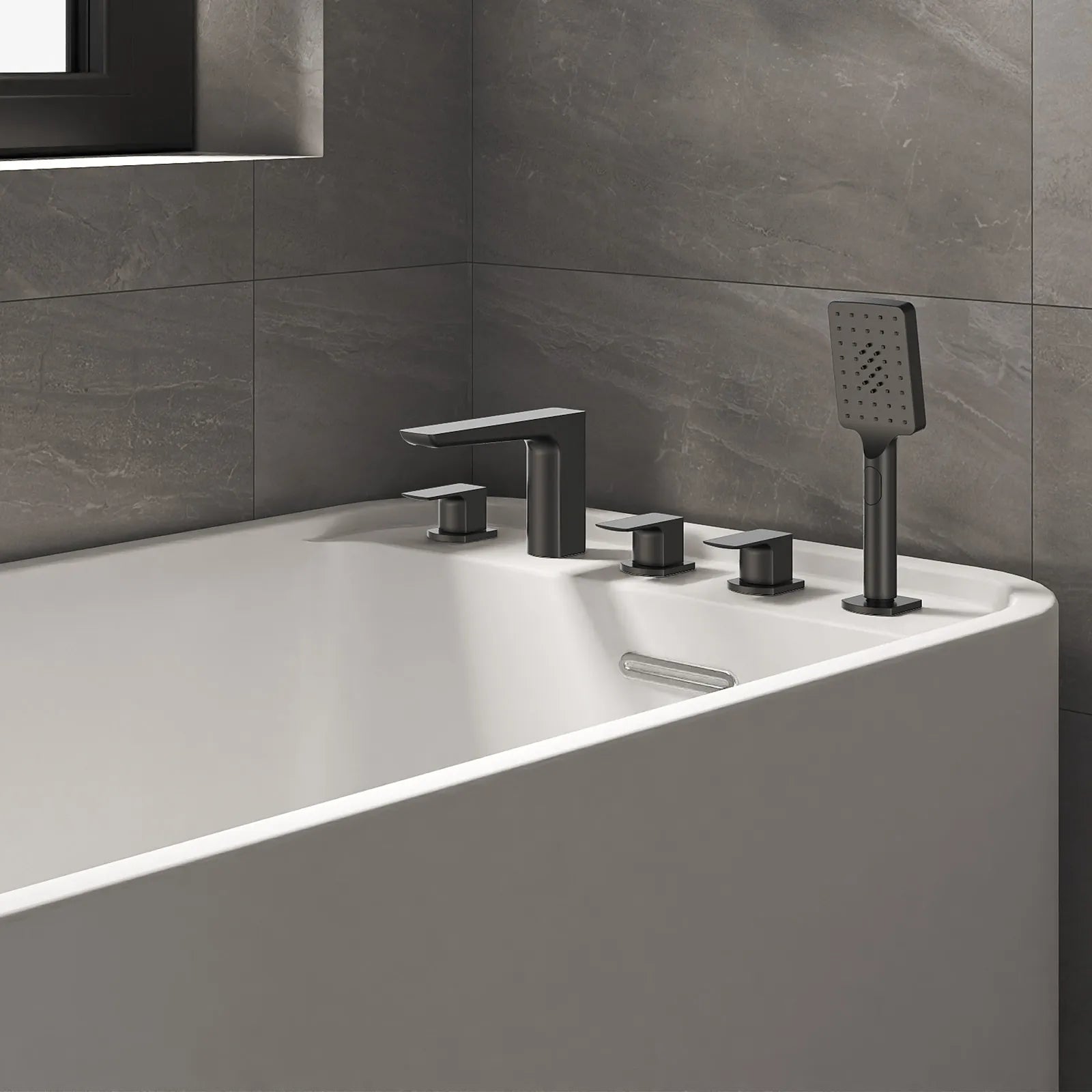 Square Deck Mounted Bathtub Faucet with Hand Shower – 5 Hole Tub Filler Set – TF020007