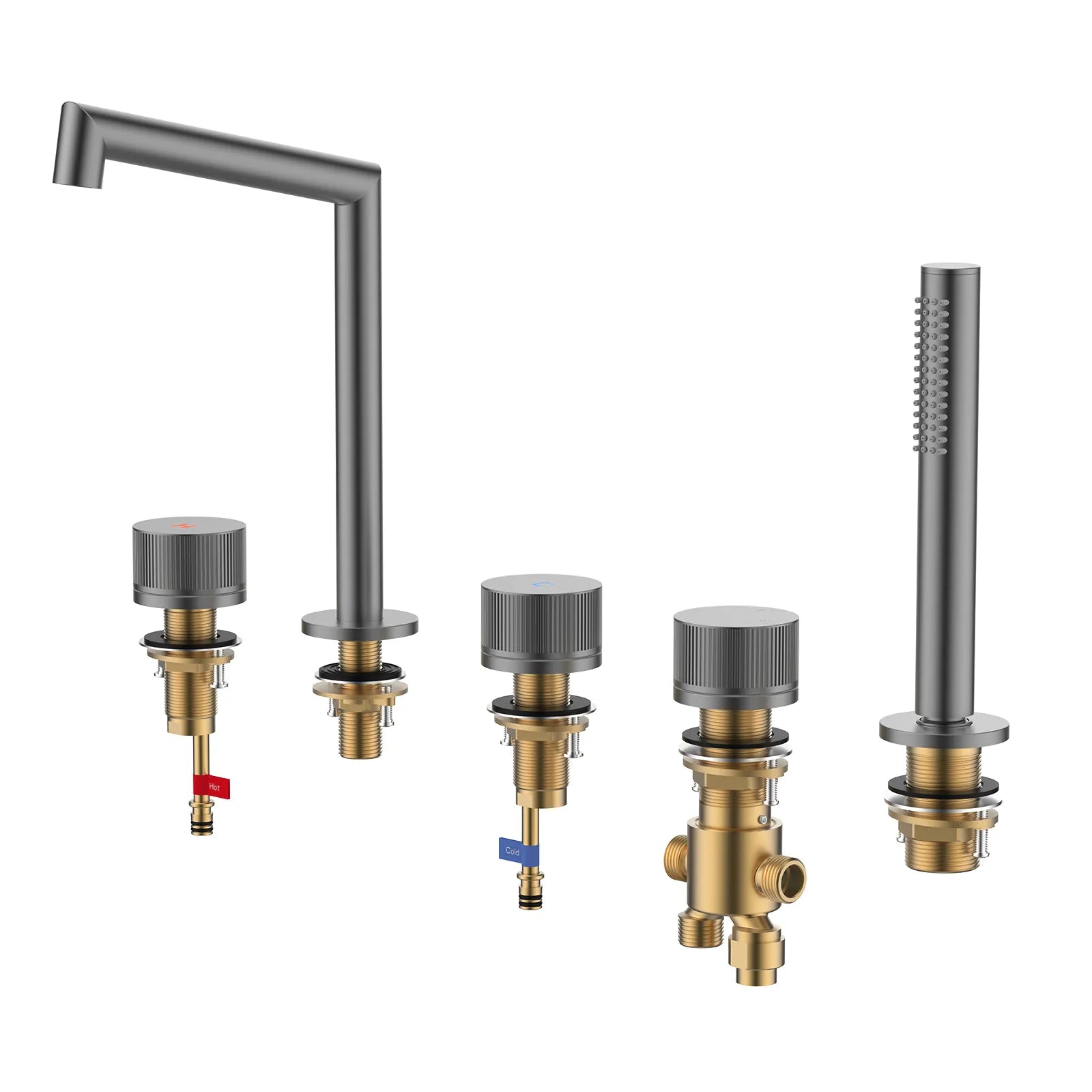 5 Holes Bathtub Faucet – 2 Way Deck Mounted, Solid Brass Construction-TF020027 Brushed Gun Metal