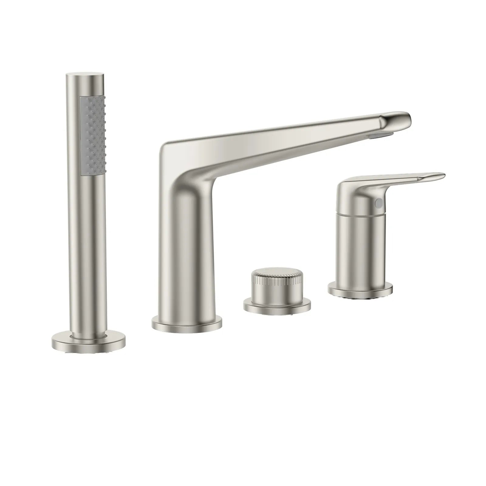 Kris 4-Hole Deck-Mounted Bath Mixer With Diverter, Spout and Hand Shower-TF020070 Brushed Nickel