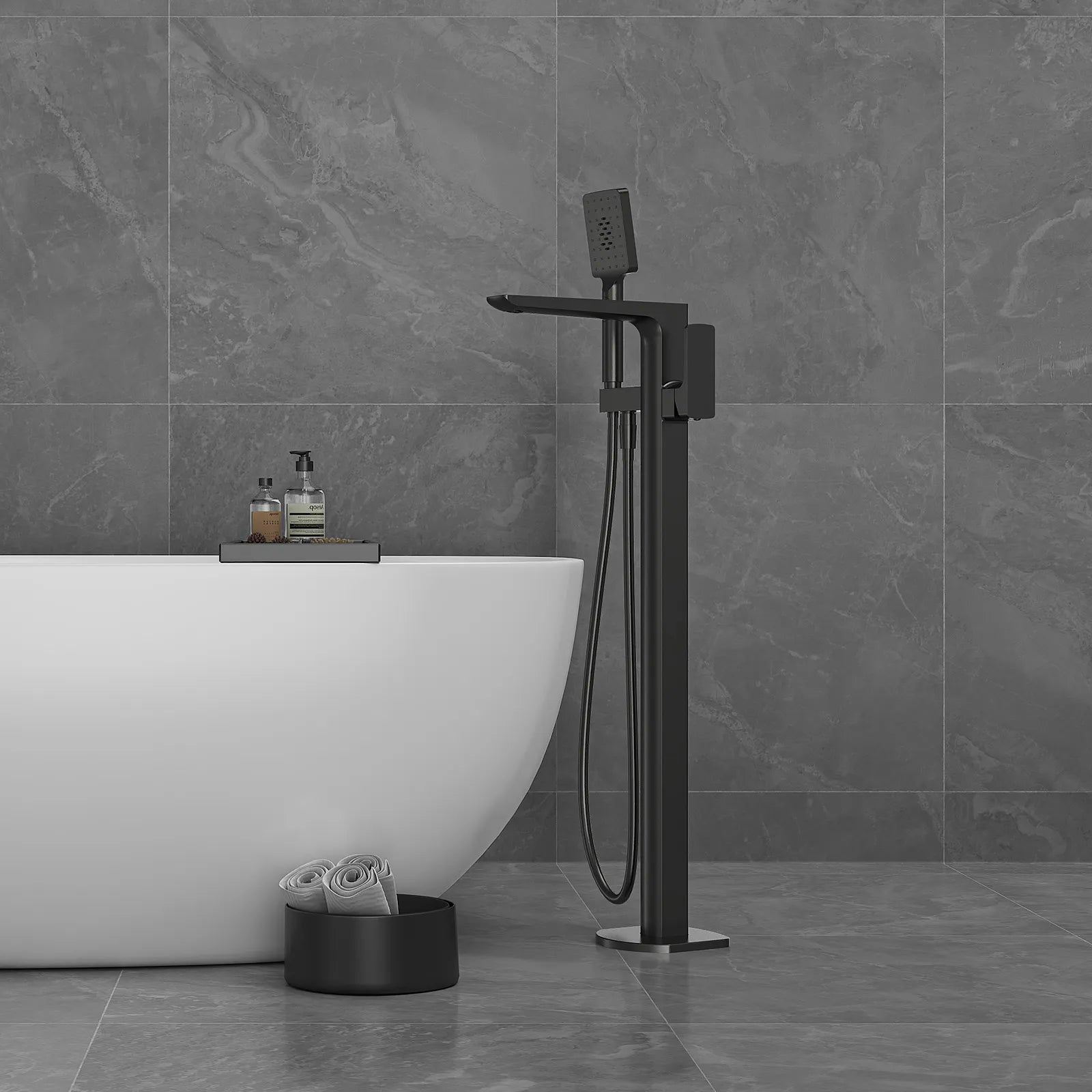 Square Freestanding Bathtub Faucet with Hand Shower – Floor Mounted Tub Filler – TF021007