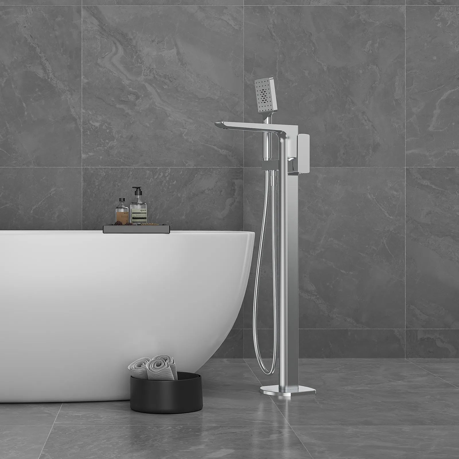 Square Freestanding Bathtub Faucet with Hand Shower – Floor Mounted Tub Filler – TF021007