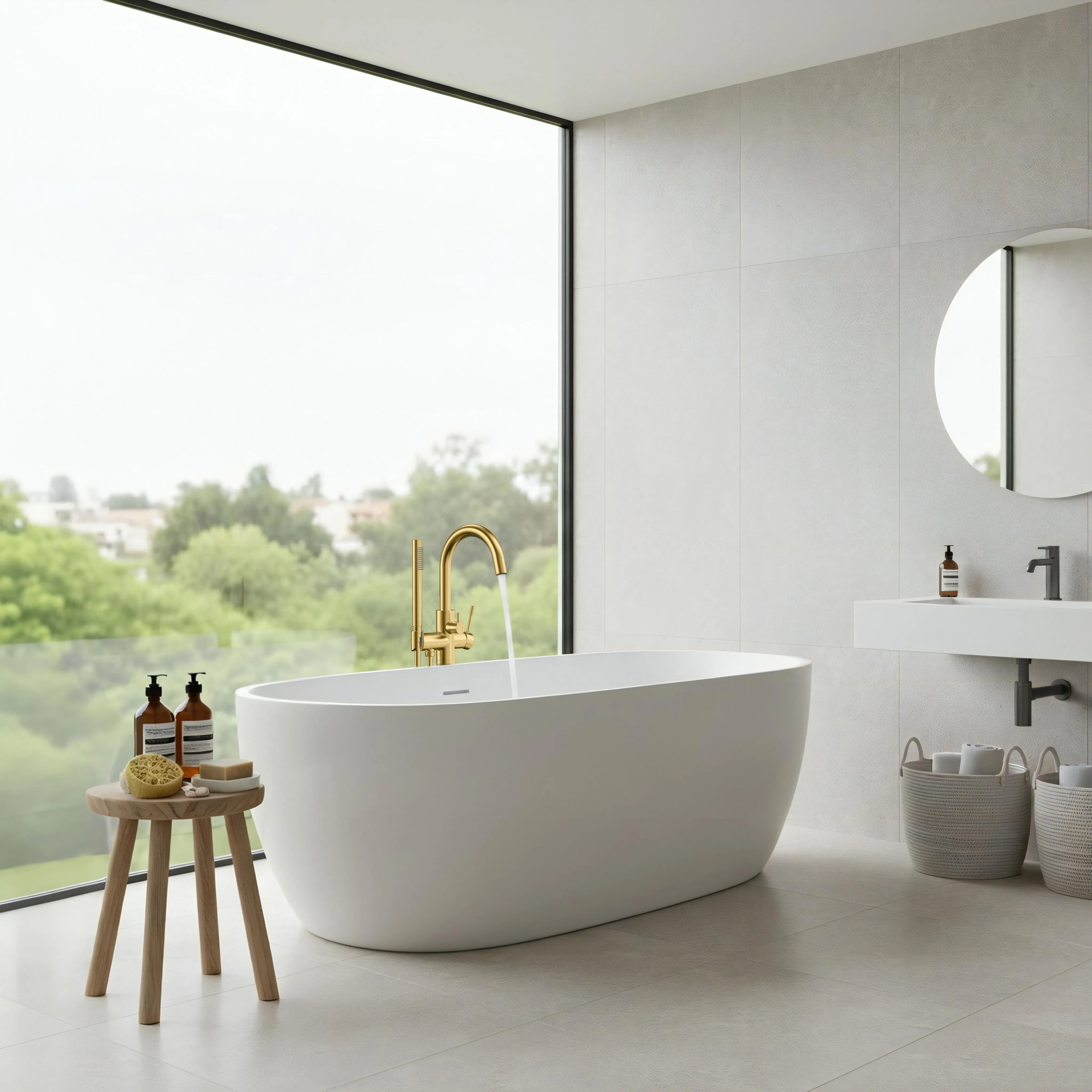 Circular Freestanding Floor Mount Tub Filler with Handshower-TF021304