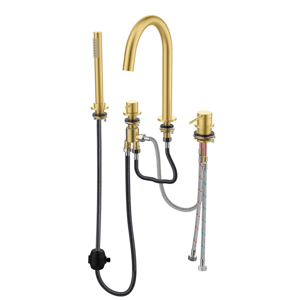2-Way Deck Mounted Bathtub Faucet with Hand Shower – 4-Hole Roman Tub Filler – TF2006 Brushed Gold