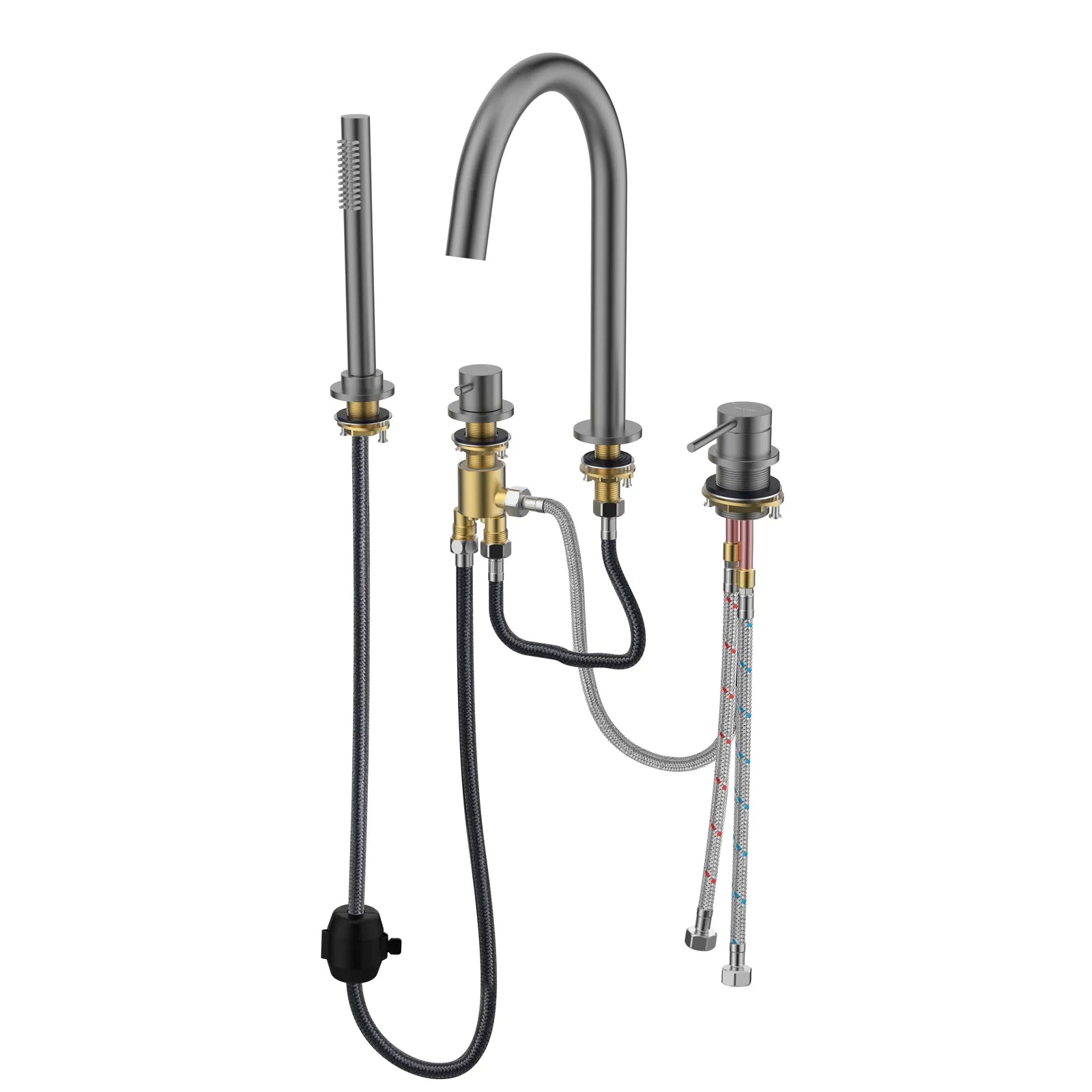 2-Way Deck Mounted Bathtub Faucet with Hand Shower – 4-Hole Roman Tub Filler – TF2006 Brushed Gun Metal