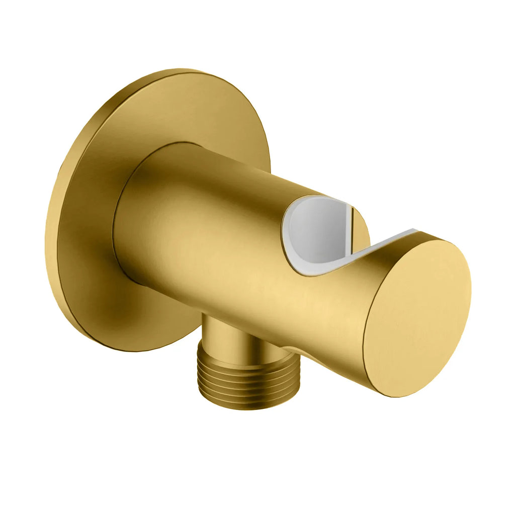 Round Brass Wall Elbow with Shower Holder – 1/2" Male Inlet & Outlet – WE08 Brushed Gold