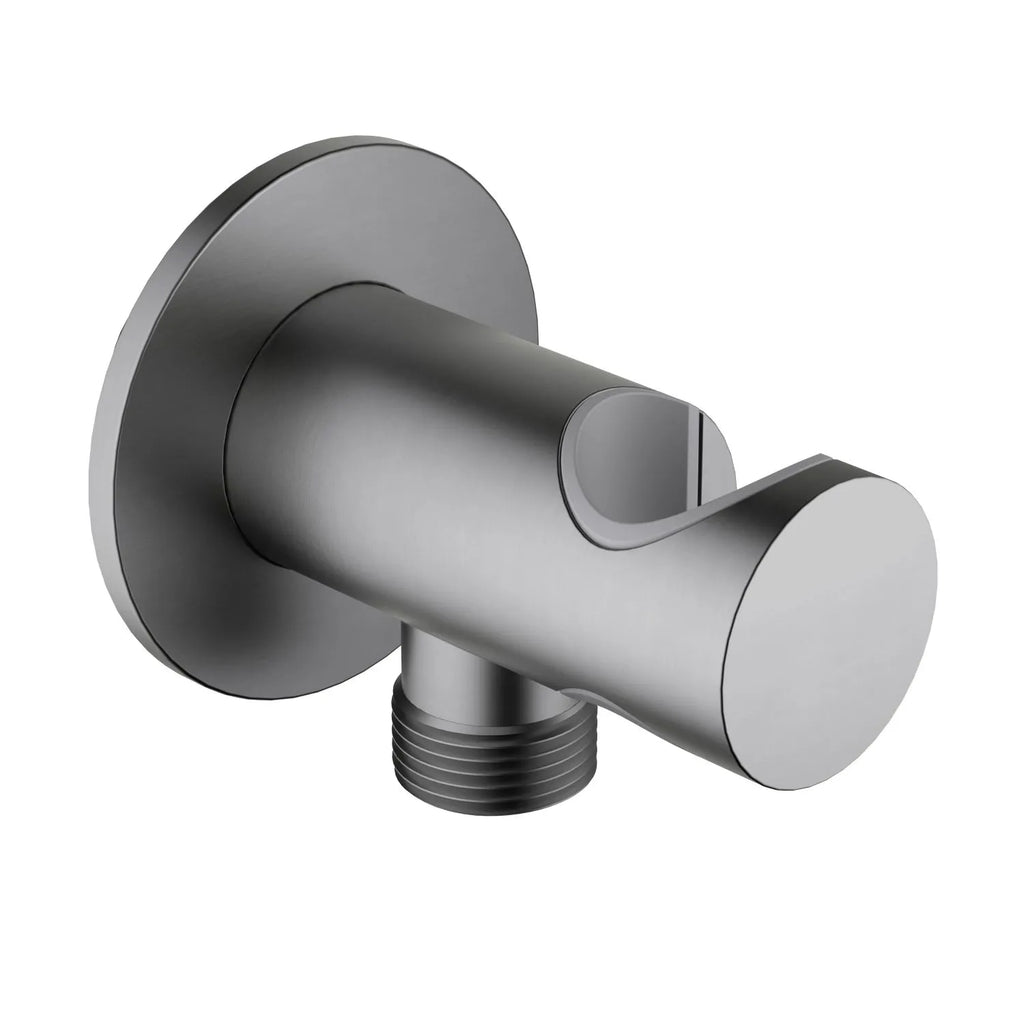 Round Brass Wall Elbow with Shower Holder – 1/2" Male Inlet & Outlet – WE08 Brushed Gun Metal