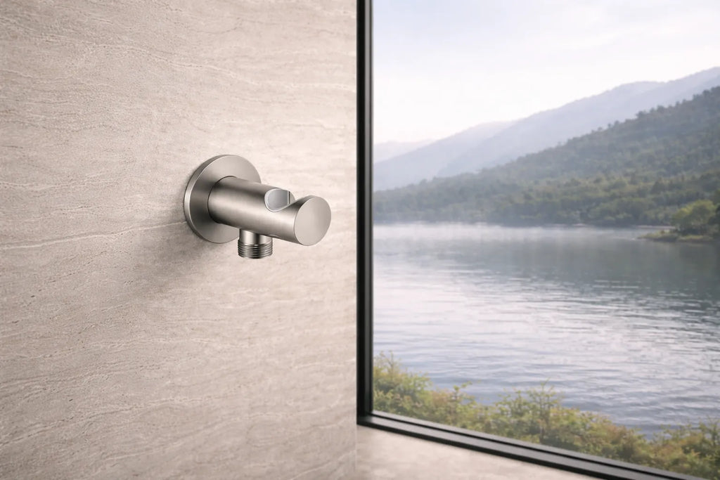 Round Brass Wall Elbow with Shower Holder – 1/2" Male Inlet & Outlet – WE08